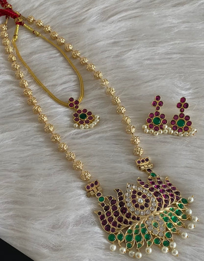 Gold tone precious kemp-green-white pearl lotus nakshi beaded combo set dj-54938