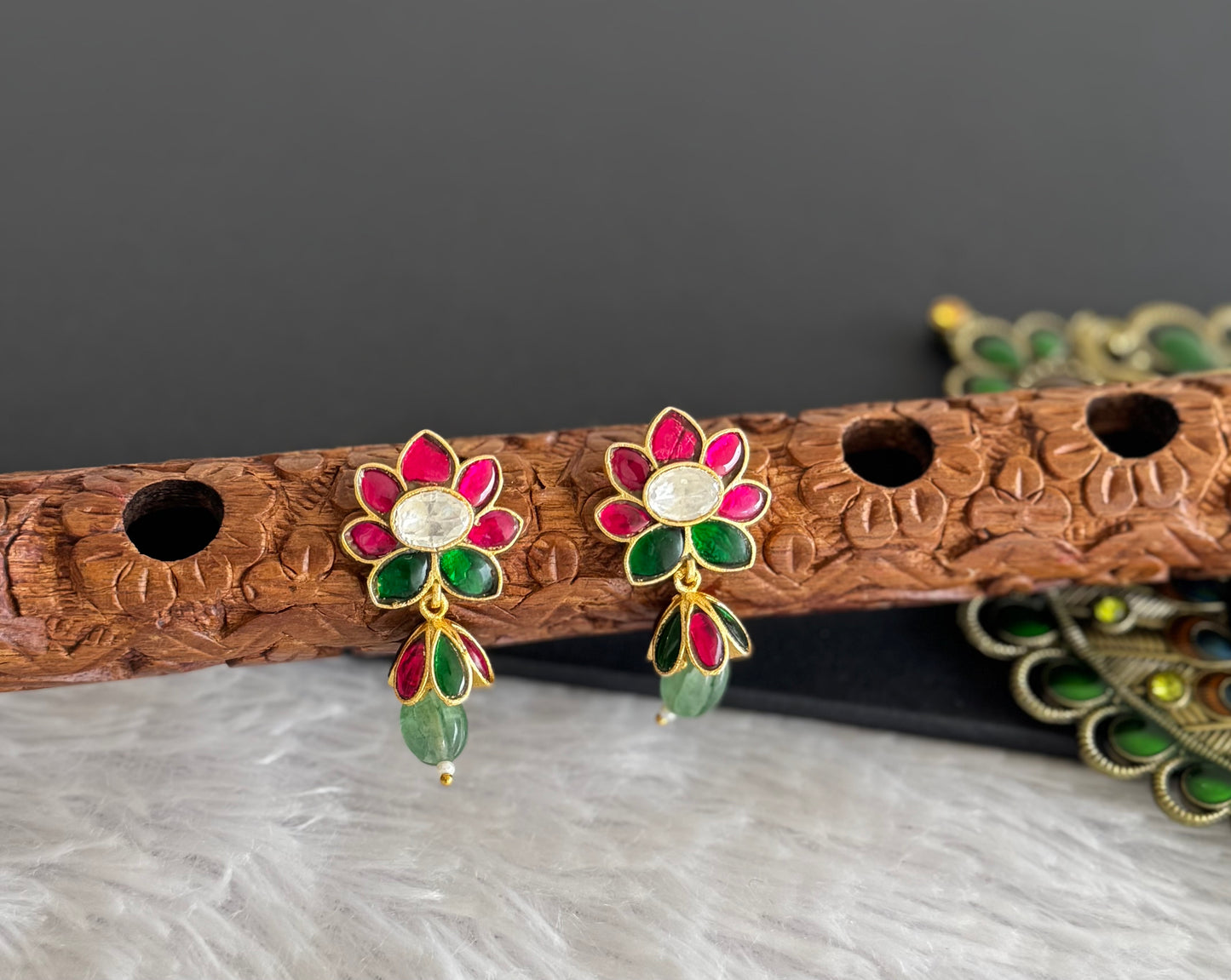 Gold tone pink-green-white kundan jadau lotus green beaded jhumkka dj-51503