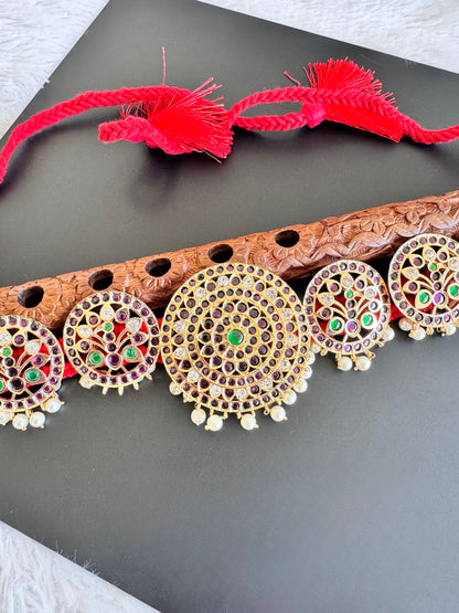 Gold tone precious kemp-green pearl round peacock waist band dj-52541