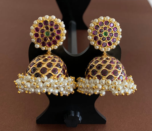 Gold tone precious kemp-green stone pearl big jhumkka dj-53216