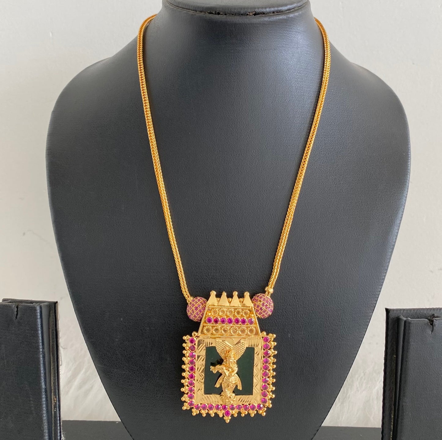 Gold tone green-pink stone krishna necklace dj-54447