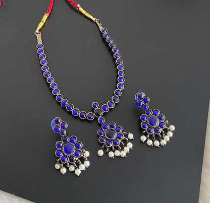 Black finish blue stone pearl necklace set dj-54619