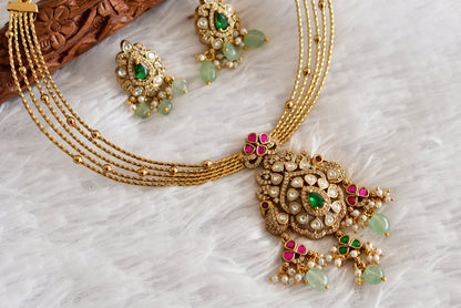 Antique gold tone pink-green kundan jadau kante necklace set dj-52424