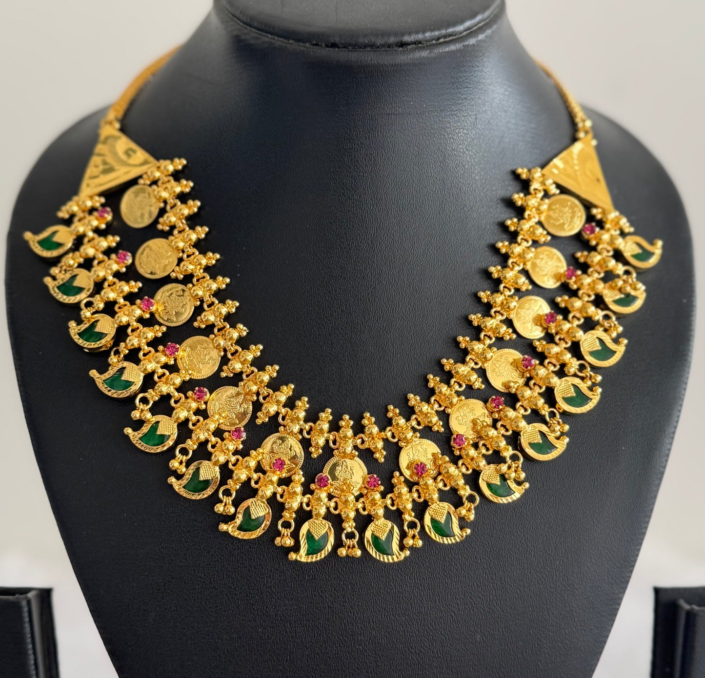 Gold tone kerala style pink-green mango lakshmi coin double layer necklace dj-51734