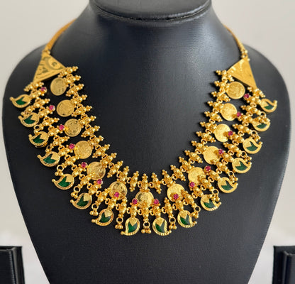 Gold tone kerala style pink-green mango lakshmi coin double layer necklace dj-51734