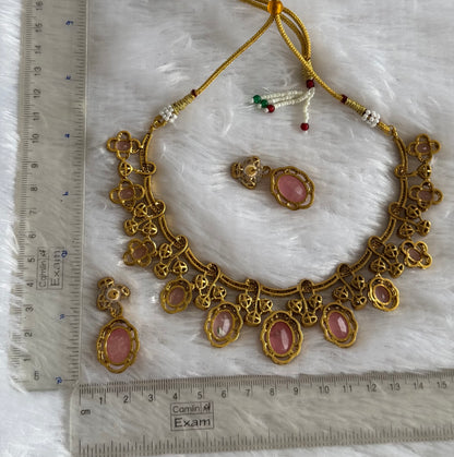 Antique gold tone cz baby pink moissanite necklace set dj-51070