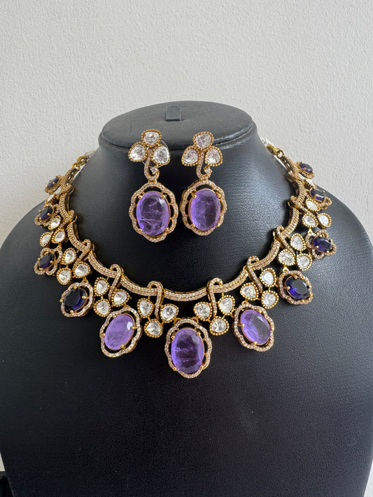 Antique gold tone cz purple moissanite necklace set dj-51067