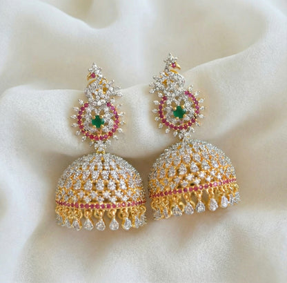 Two tone cz ruby-emerald peacock big jhumkka dj-17151