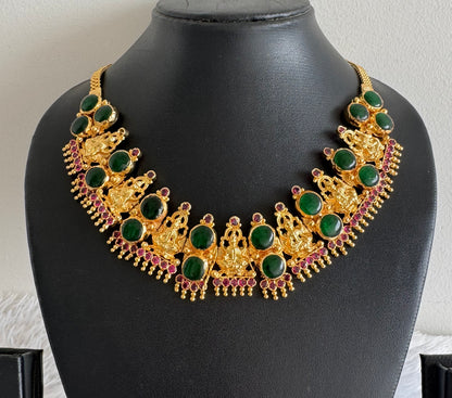Gold tone pink-green kerala style round Lakshmi coin necklace dj-51711
