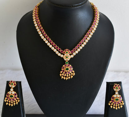 Matte finish white-ruby-green double layer attigai/necklace set dj-53178