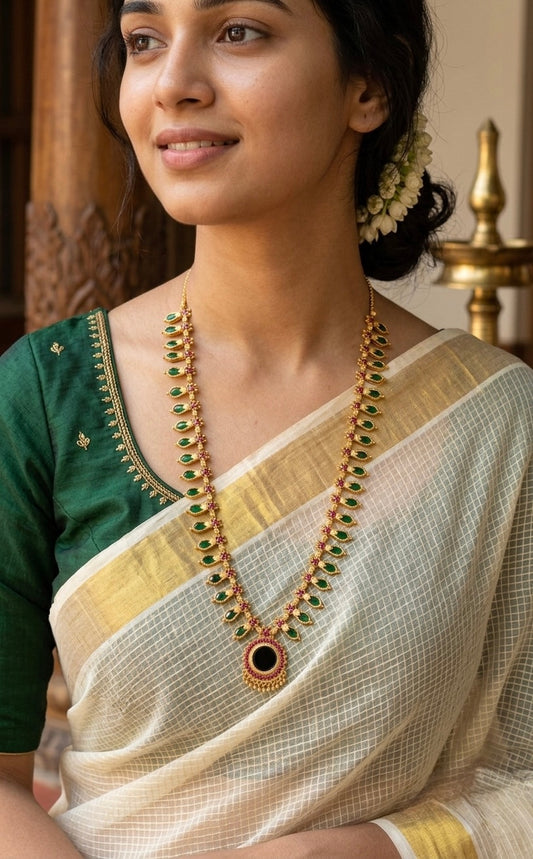 Gold tone pink-green nagapadam kerala style haar dj-54532
