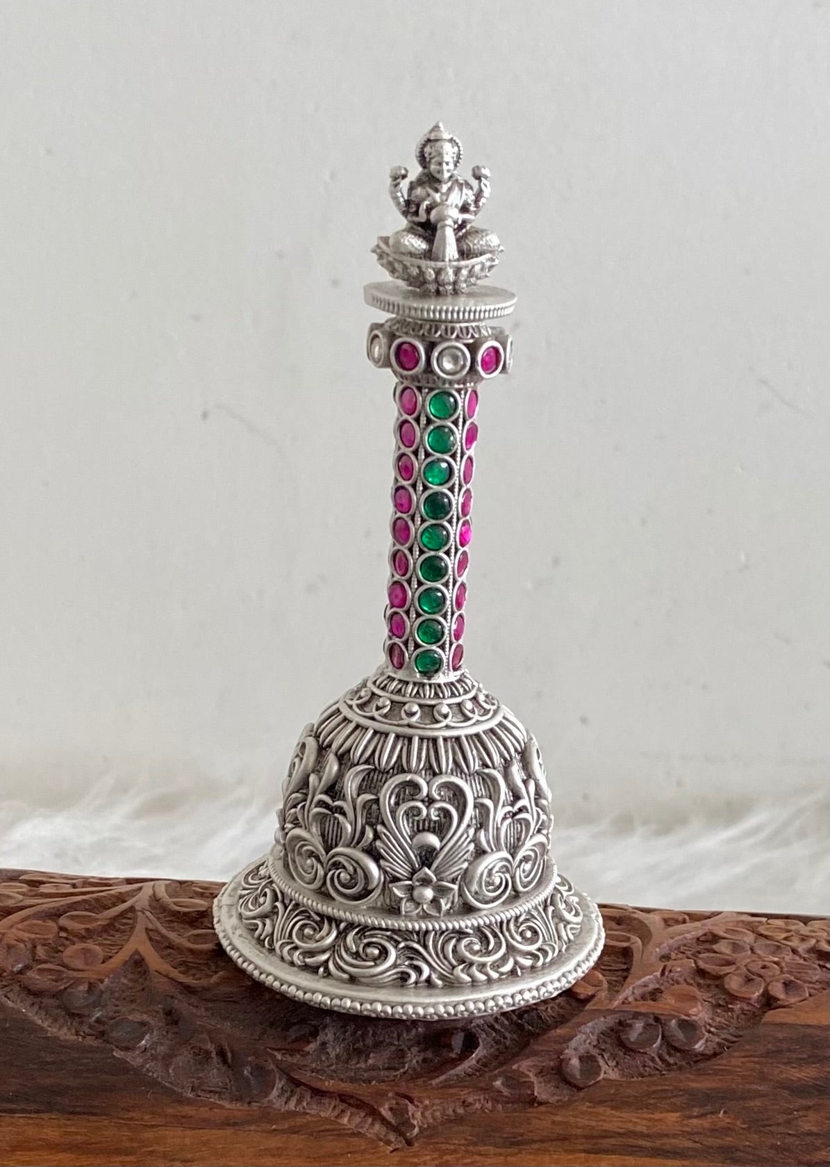 Silver tone pink-green stone lakshmi bell dj-54234