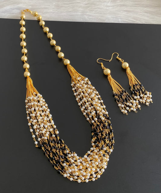 Gold tone black beaded pearl multilayer necklace set dj-54212