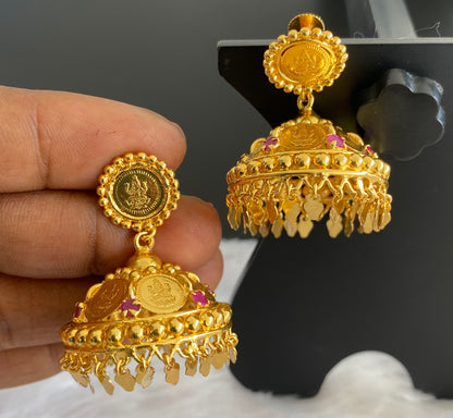 Gold tone ruby lakshmi coin elakka jhumkka dj-53149