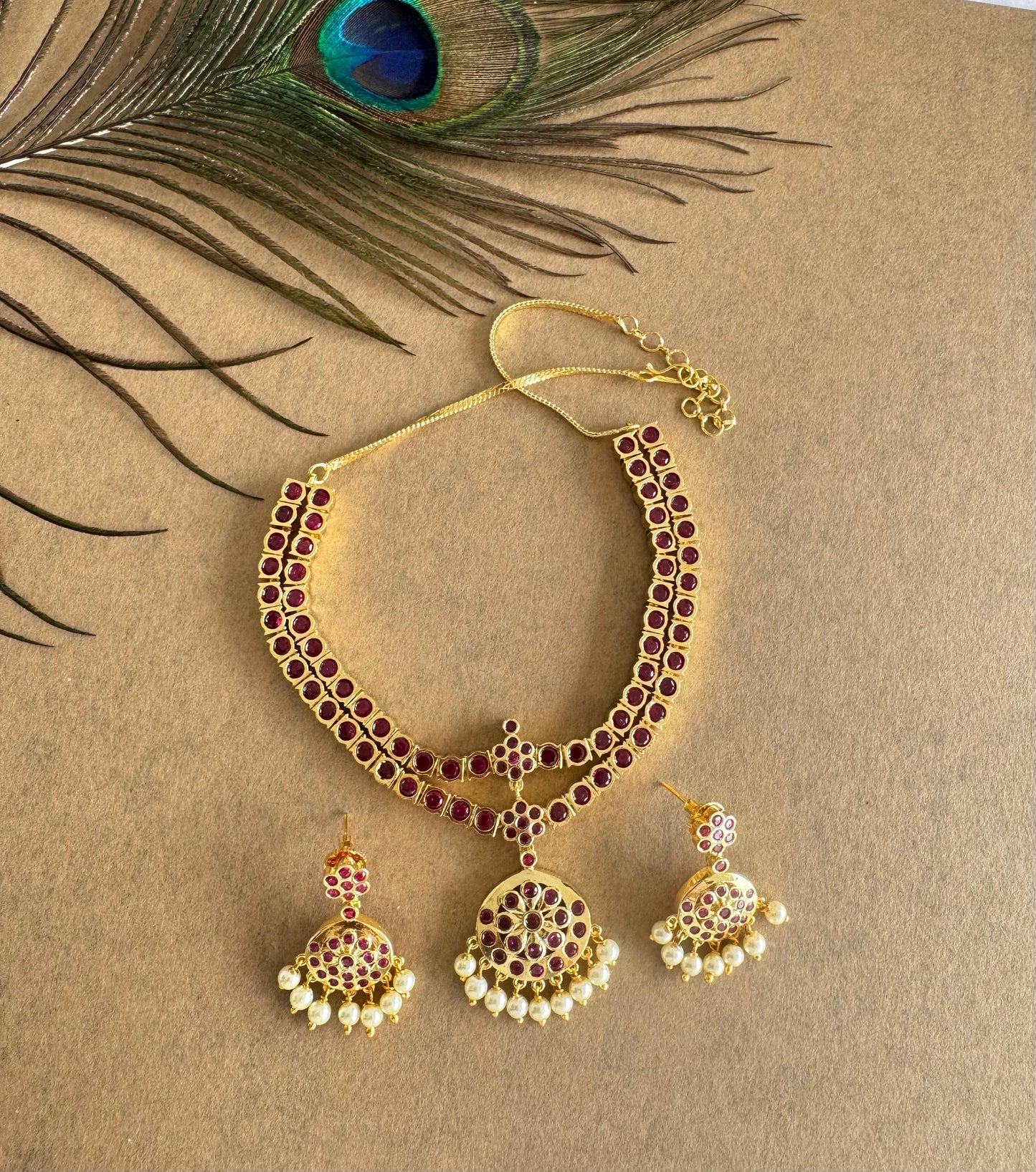 Gold tone AD pink south indian style double layer necklace set dj-51673