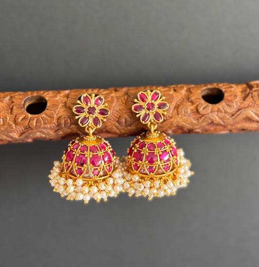 Matte finish kemp pearl cluster flower jhumkka dj-51479