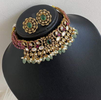 Antique gold tone peacock kundan sea green beaded choker necklace set dj-54799
