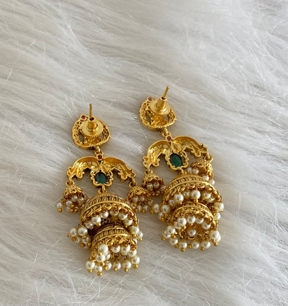Antique gold tone kemp-green pearl peacock lakshmi step jhumkka dj-54566