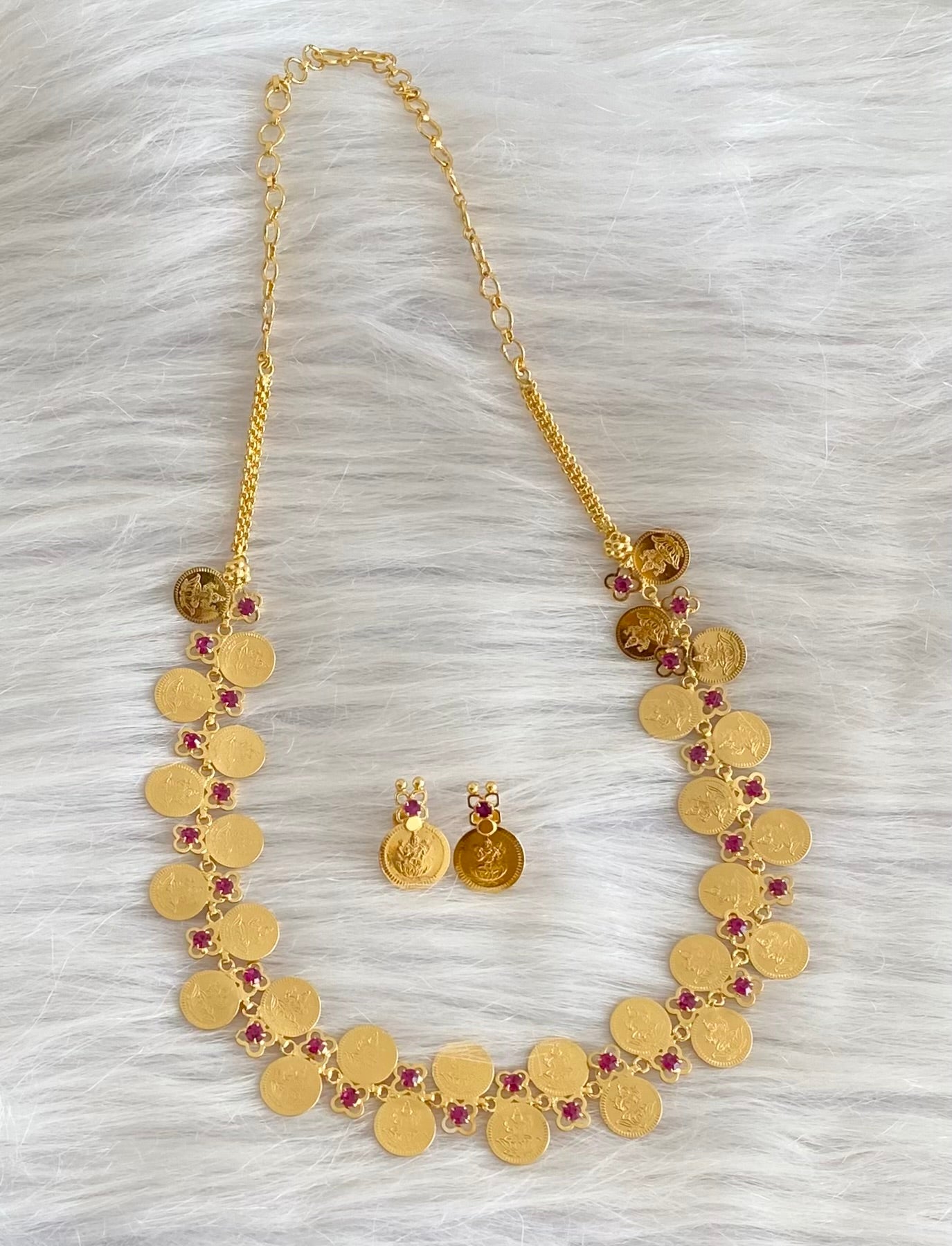 Gold tone pink stone lakshmi coin necklace set dj-54142