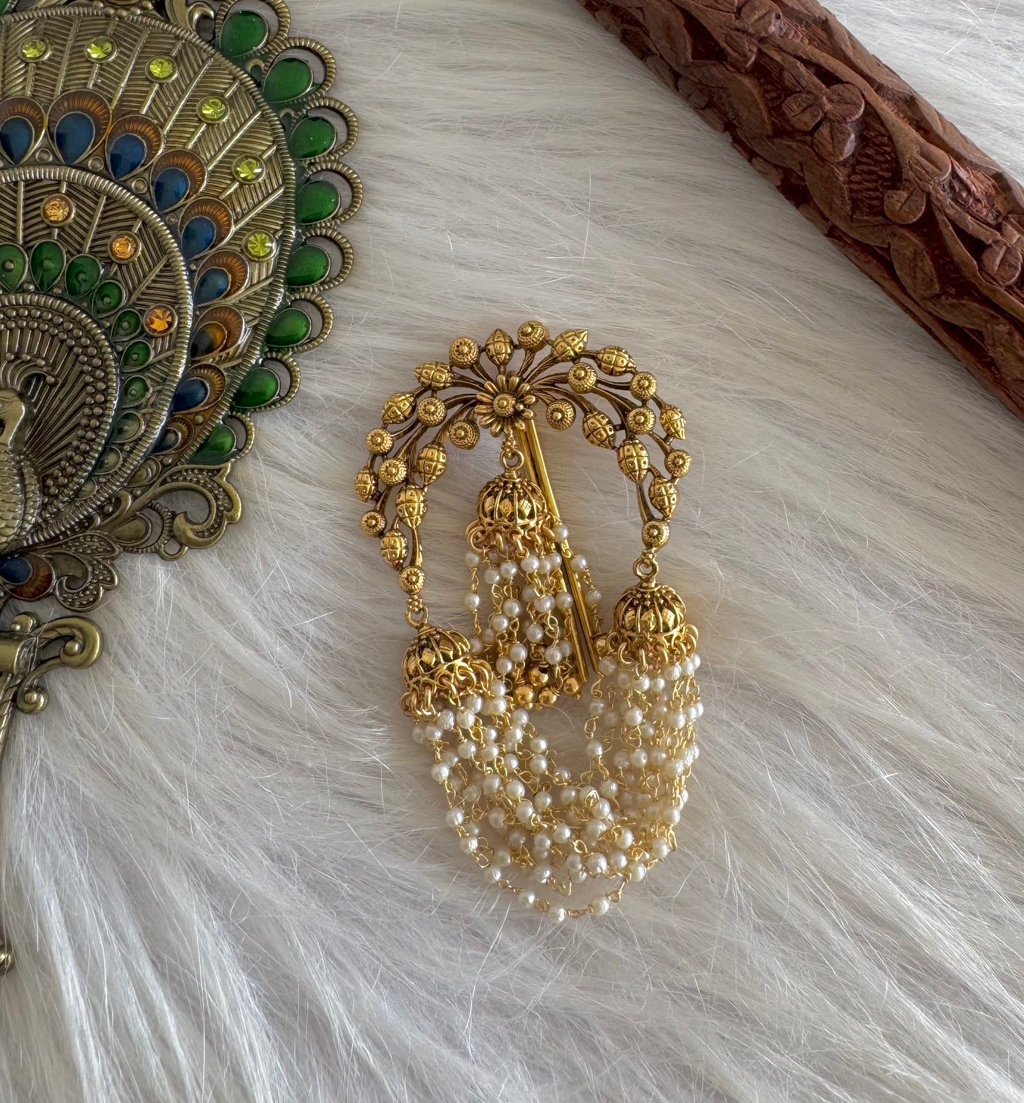 Antique gold tone pearl flower hair jewel dj-51344