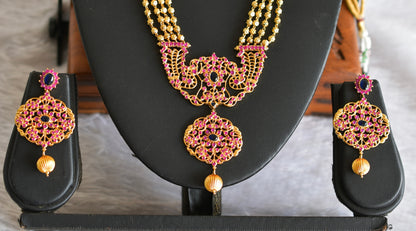 Gold tone ruby-blue beaded peacock haar set dj-51949