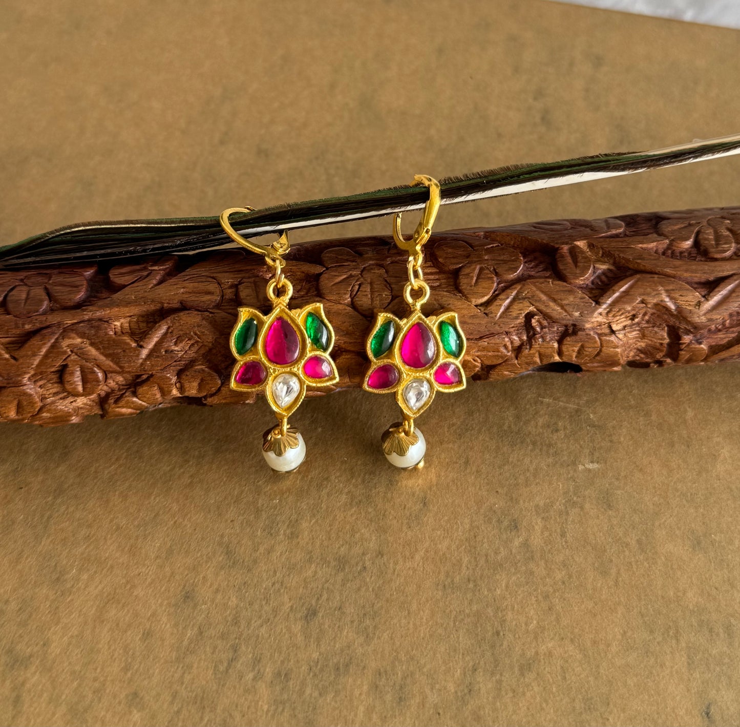 Gold tone pink-green-white kundan jadau lotus hook earrings dj-51561