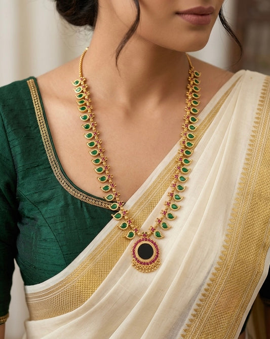 Gold tone pink-green kerala style mango haar dj-54534
