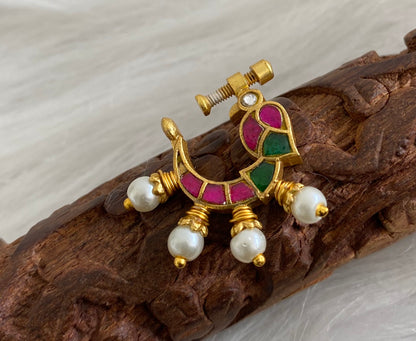 Gold tone kundan jadau pink-green stone pearl bird nose pin dj-53720