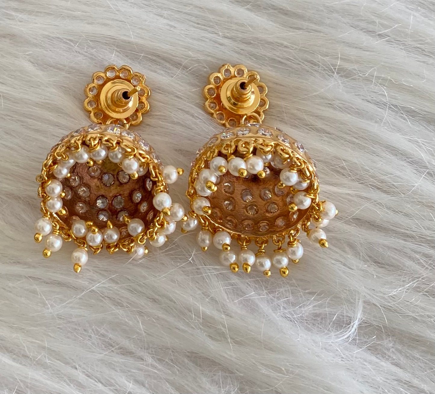 Gold tone south indian style AD white stone with pearl jhumkka dj-54697