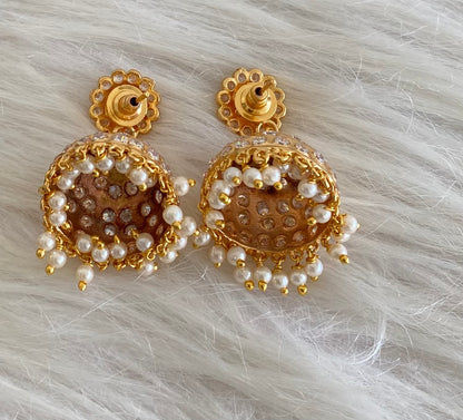 Gold tone south indian style AD white stone with pearl jhumkka dj-54697