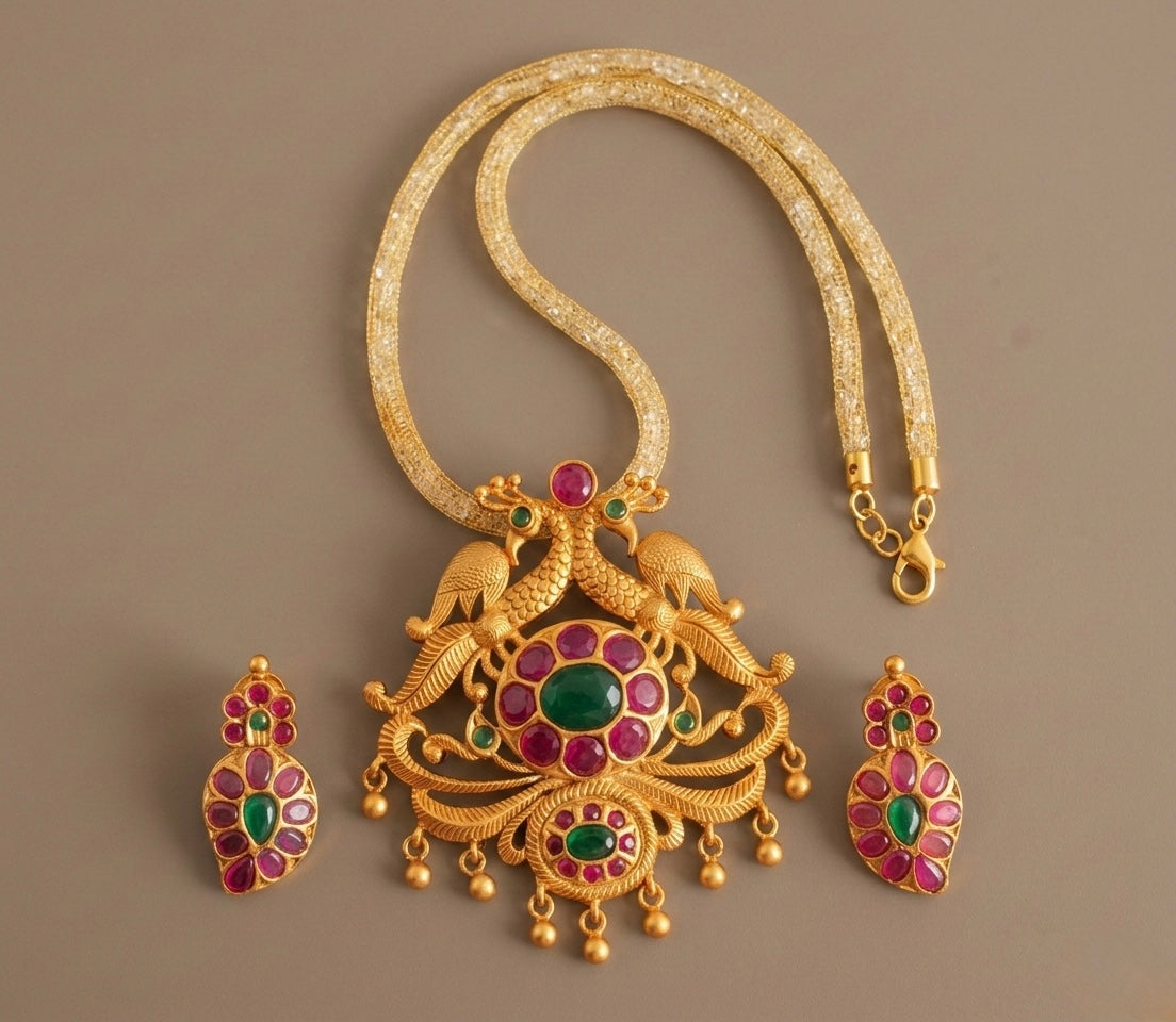 Matte Finish Ruby-emerald Peacock Mango Necklace Set-dj11014