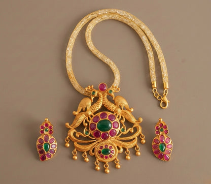 Matte Finish Ruby-emerald Peacock Mango Necklace Set-dj11014