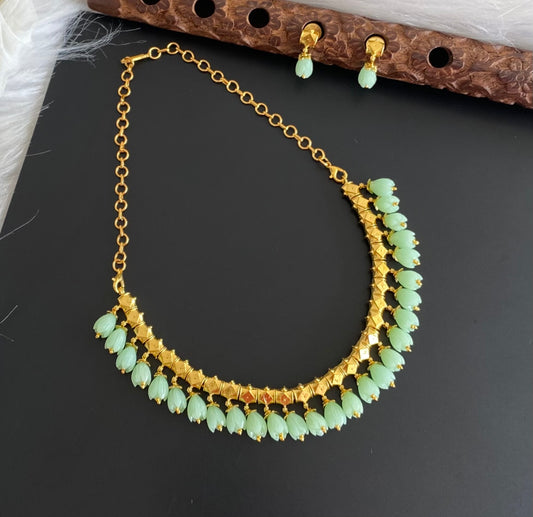 Antique gold tone sea green tulip beaded necklace set dj-54215