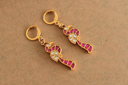 Gold tone pink-white kundan jadau peacock hook earrings dj-51988