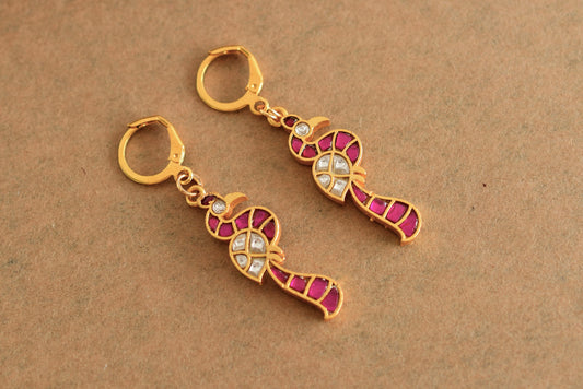 Gold tone pink-white kundan jadau peacock hook earrings dj-51988