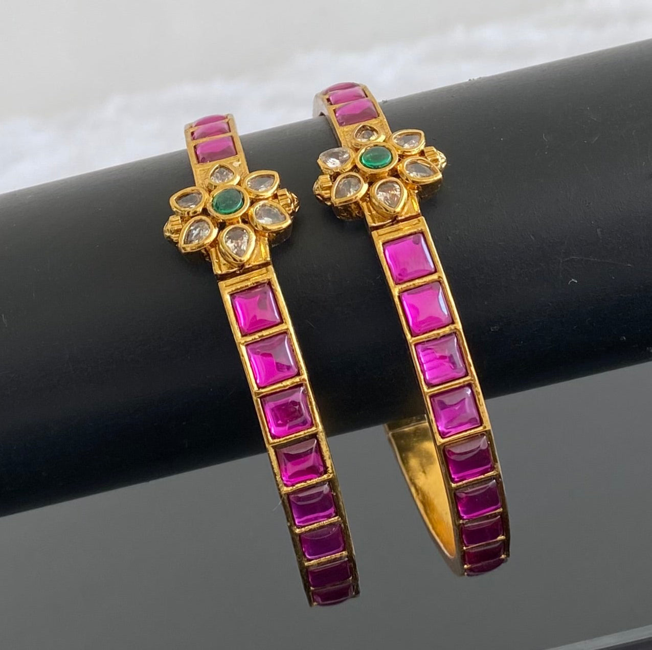 Antique gold tone pink-green-white flower kundan openable bangles(2.4) dj-53440