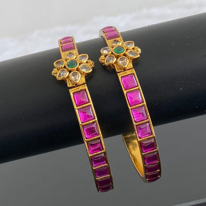Antique gold tone pink-green-white flower kundan openable bangles(2.4) dj-53440