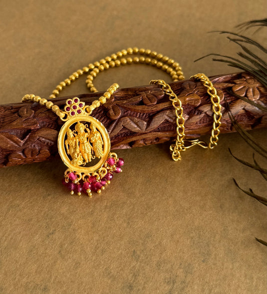 Gold tone pink stone Ram parivar short chain dj-51736