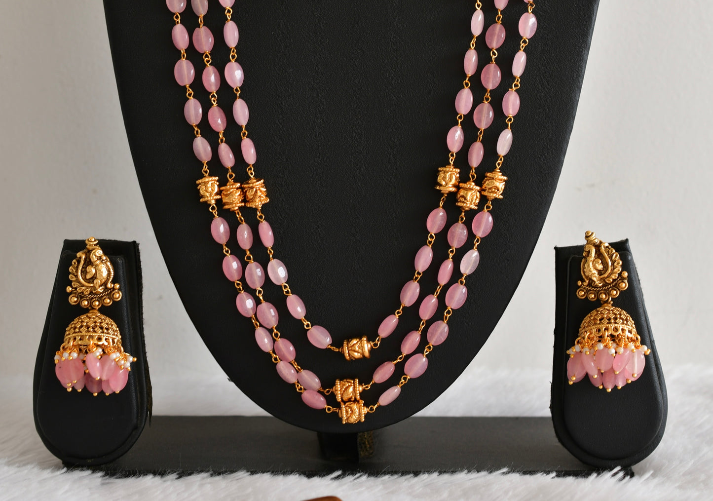 Antique gold tone baby pink beaded lakshmi peacock multi layer haar set dj-52426