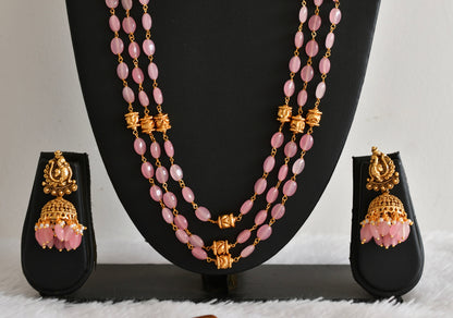 Antique gold tone baby pink beaded lakshmi peacock multi layer haar set dj-52426
