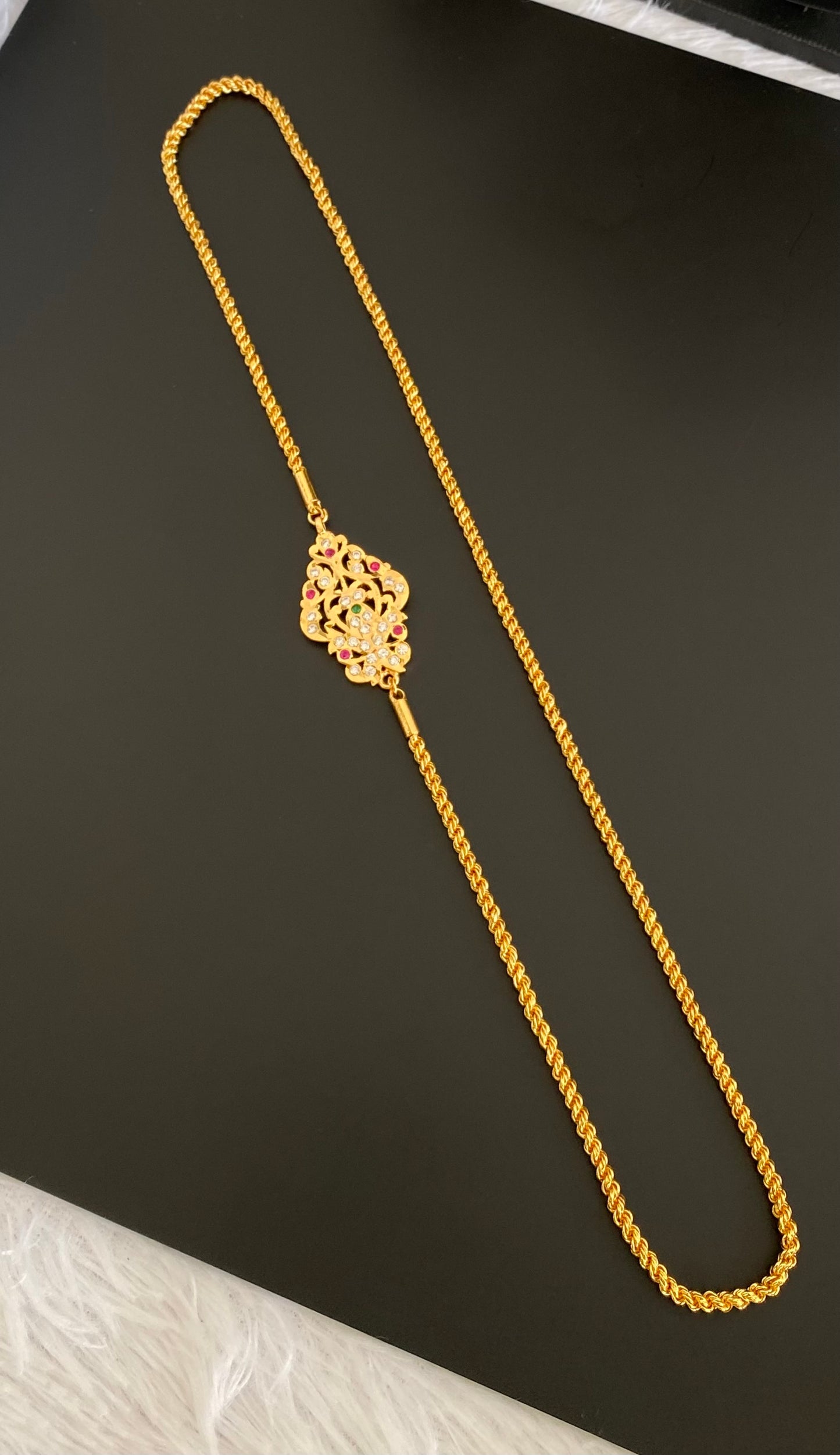Gold tone ad white-ruby-green stone mugappu chain dj-53608