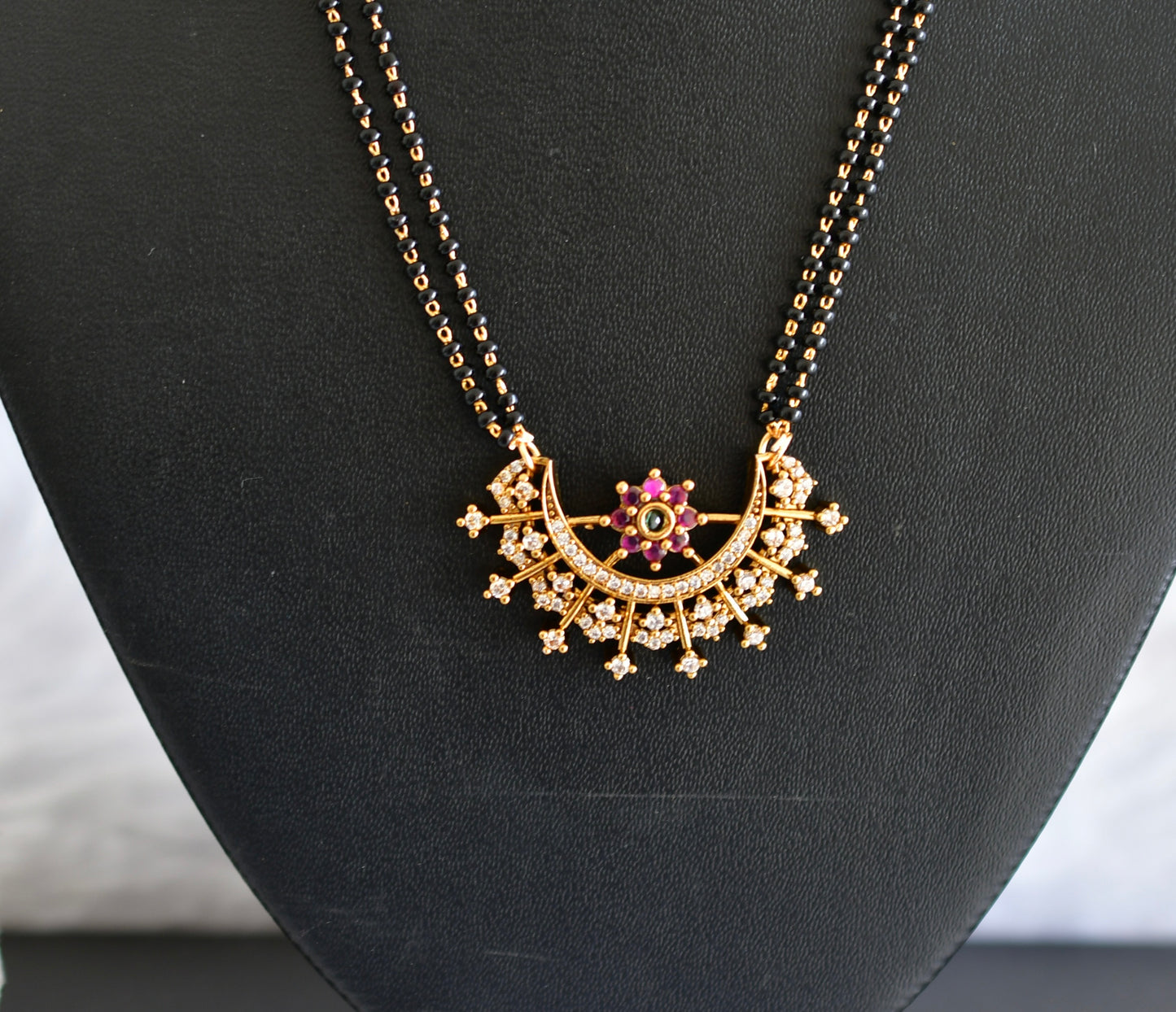 Antique gold tone cz pink-green 18 inches moon mangalsutra set dj-52345