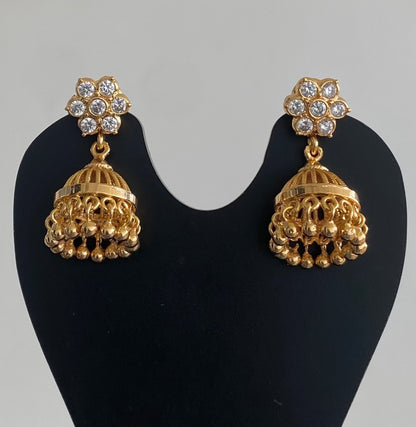 Gold tone white stone south Indian jhumkka dj-54896