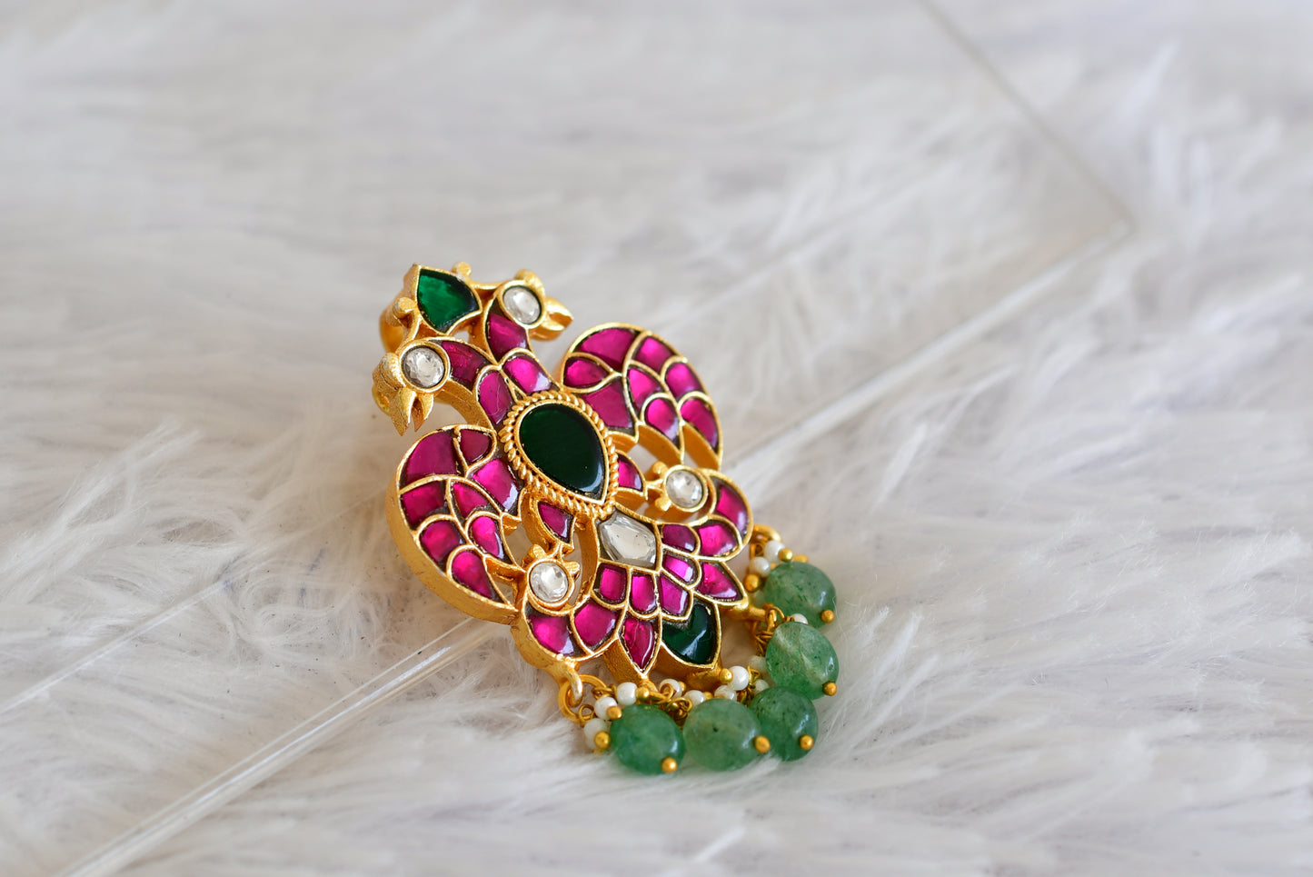 Gold tone pink-green-white kundan jadau ganda berunda small green bead pendant dj-50661