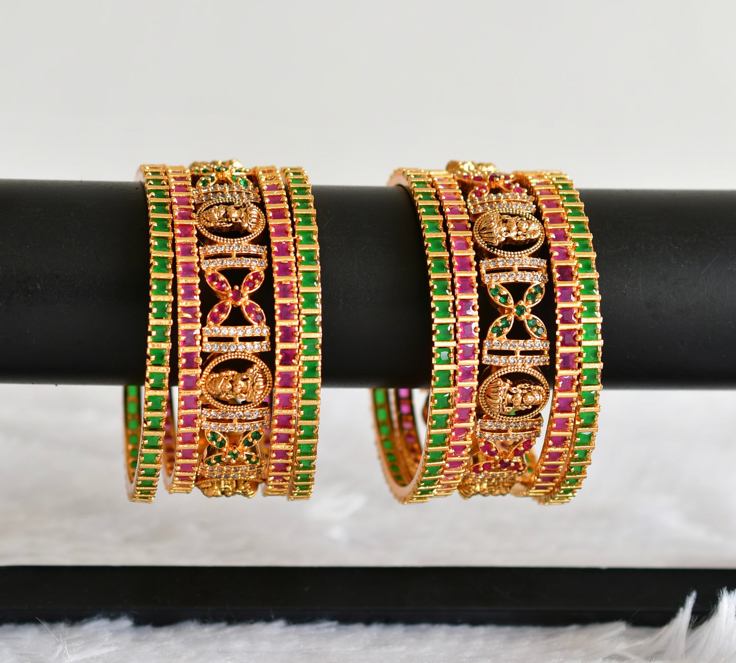Antique gold tone cz ruby-white-green set of 10 lakshmi bangles(2.6) dj-51963