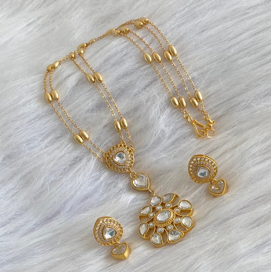 Gold tone white stone double layer kundan jadau necklace set dj-54183