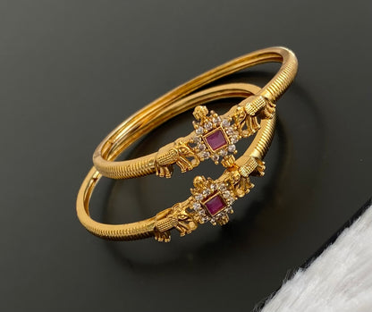 Antique gold tone pink-white stone elephant kada type bangles(2.6) dj-53460