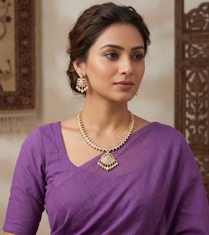 Gold tone AD white stone pearl south indian style necklace set dj-53421