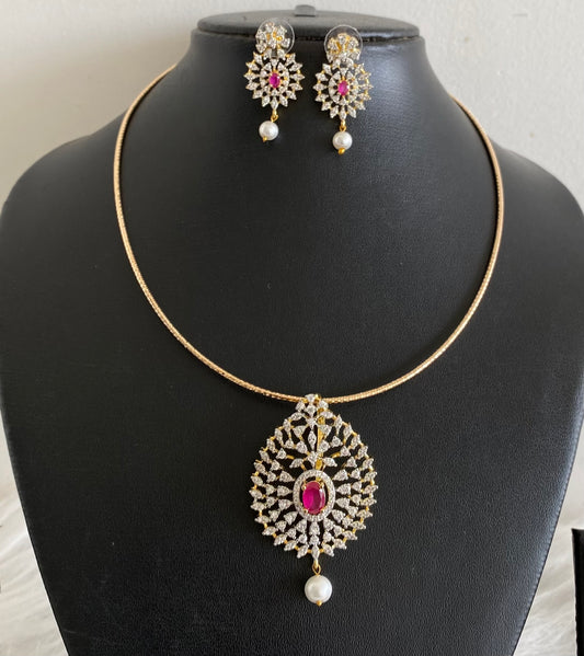 Two tone cz white-pink pearl pendant set with kanti necklace dj-54245