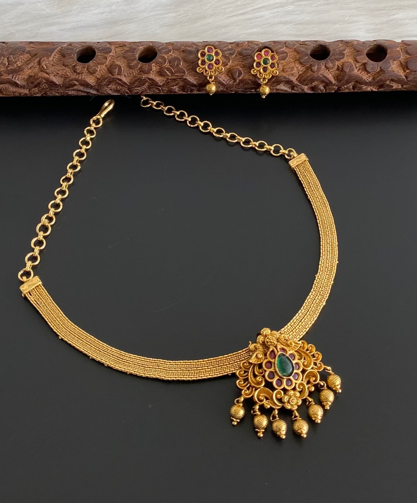 Antique gold tone kemp-green peacock necklace set dj-54262